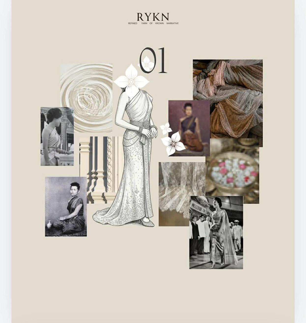 บอร์ดออกแบบหมายเลข 01 ของ RYKN — ภาพร่างชุดสไบ ภาพหญิงไทยห่มสไบในอดีต ผ้าลูกไม้ และผ้ายกทอง