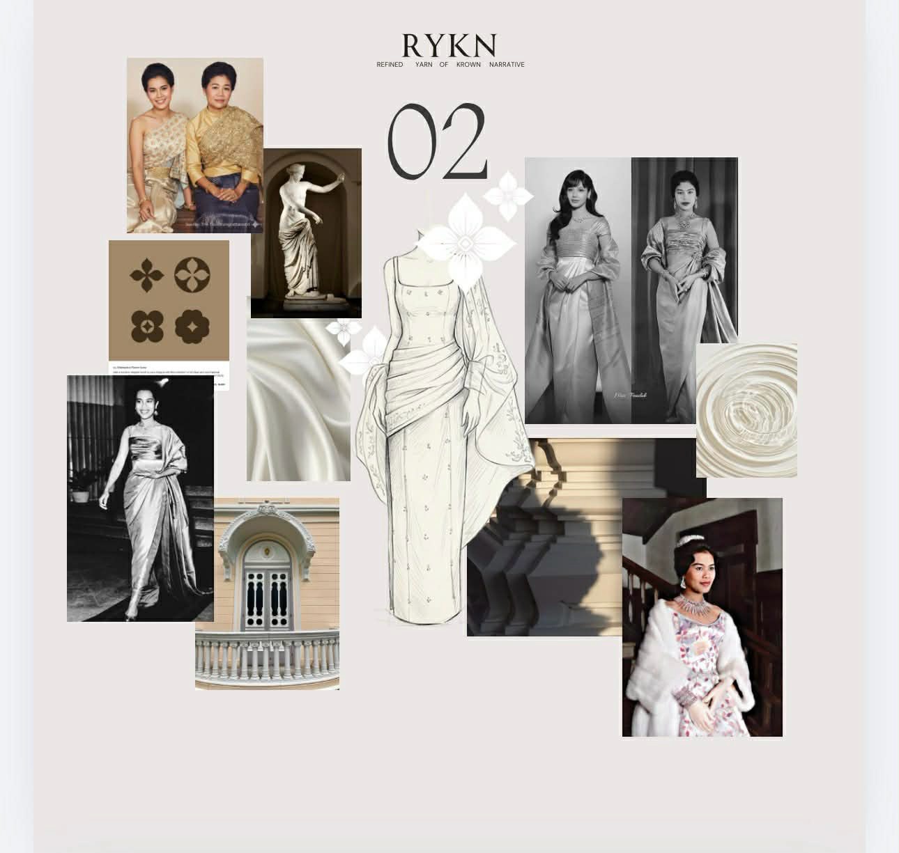 บอร์ดออกแบบหมายเลข 02 ของ RYKN — ชุดไทยพระราชนิยม ผ้ายกทอง ผ้าซาติน และแบบร่างลายดอกสี่กลีบ