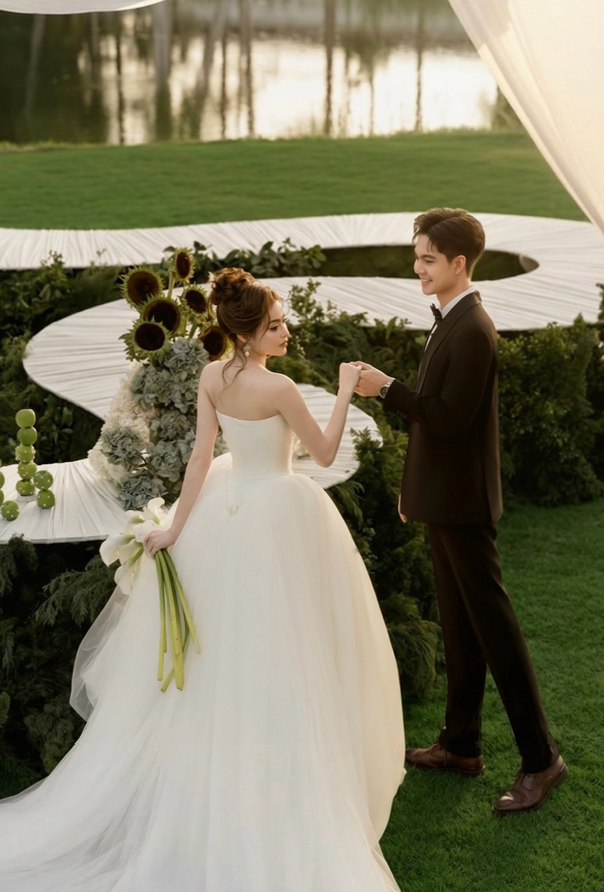 Bride in a full ball gown with sunflowers, walking with her groom on the lawn